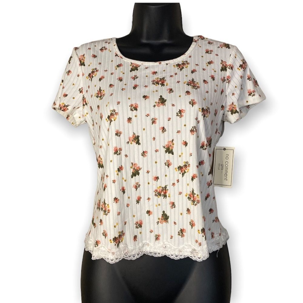 Nwt No Comment Girls White Floral Short Sleeve Ribbed Blouse Top